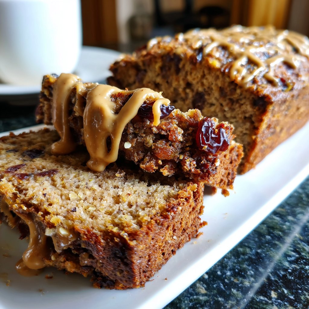 Bananenbrot mit Mandelmus und Datteln