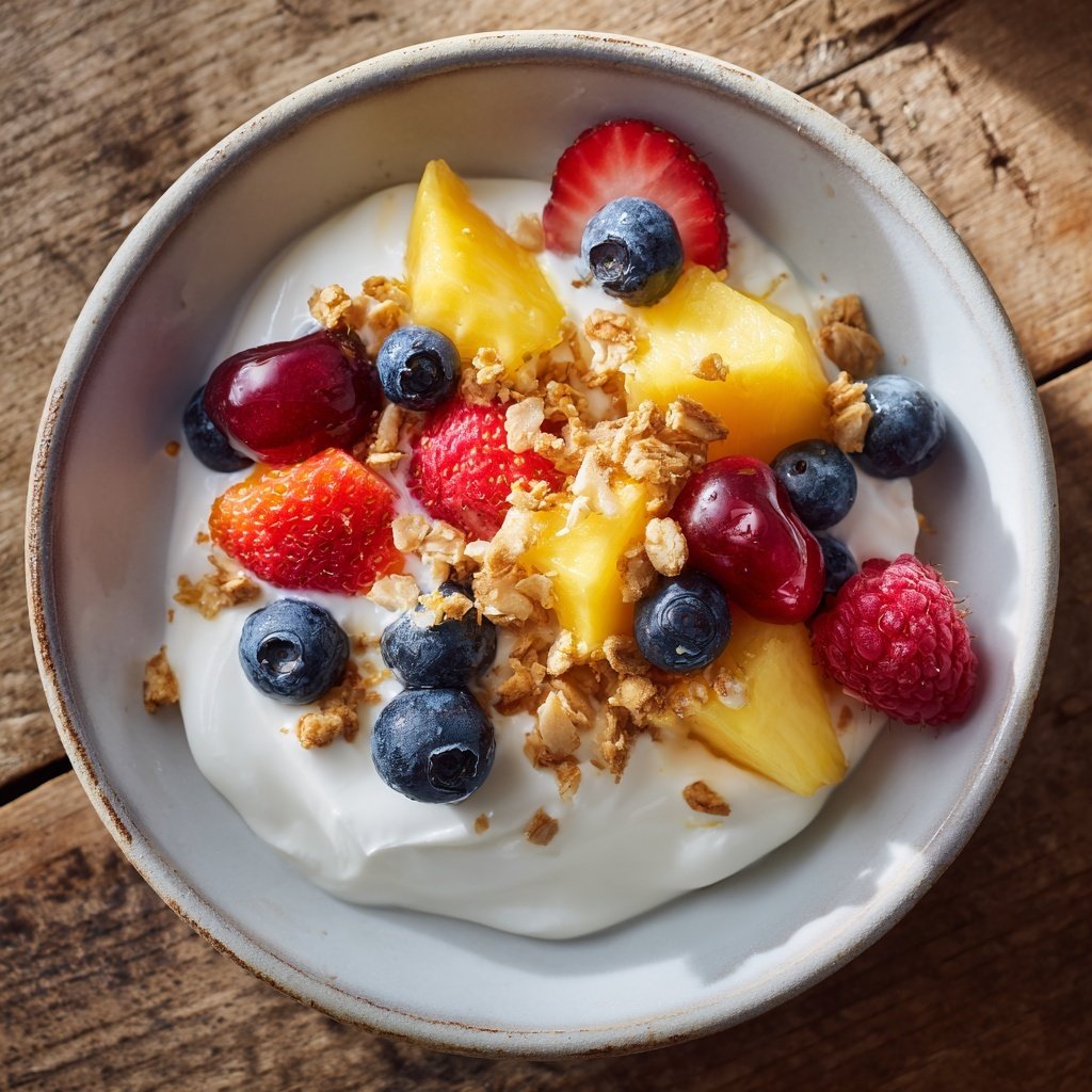 Frühstück mit Joghurt und Obst