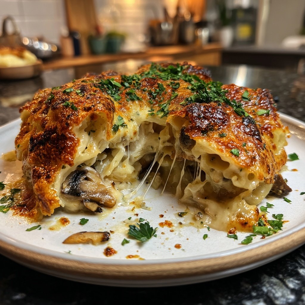 Vegetarischer Nudelauflauf mit Pilzen