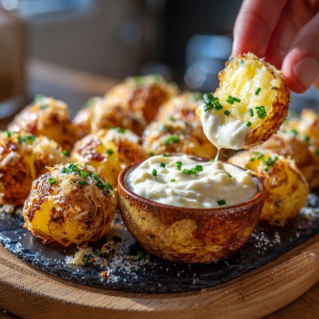 Abendessen mit Ofenkartoffeln und Dip
